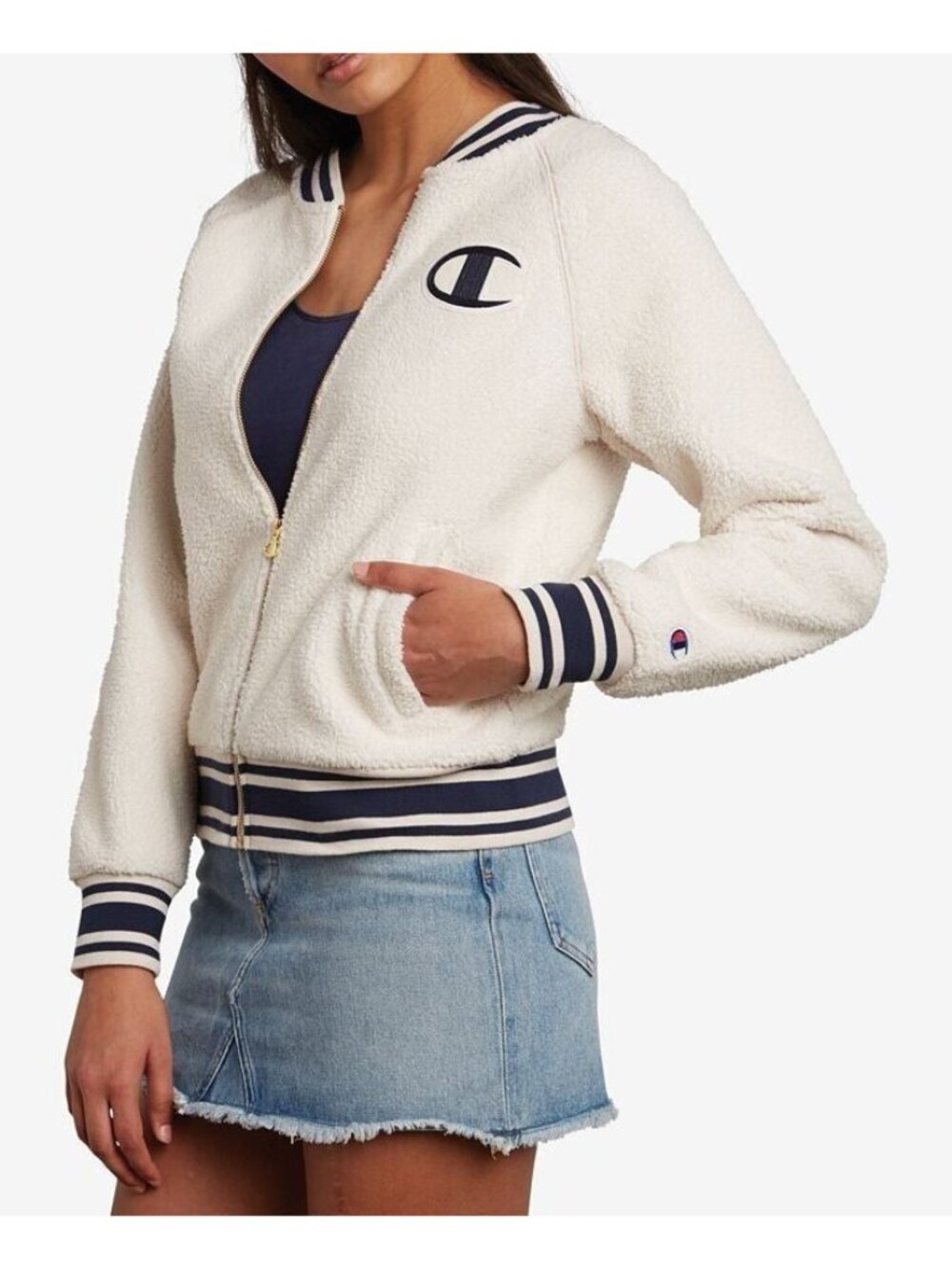 CHAMPION Sherpa Full Zip Varsity Jacket Fall Spring Athleisure White Soft Cozy S